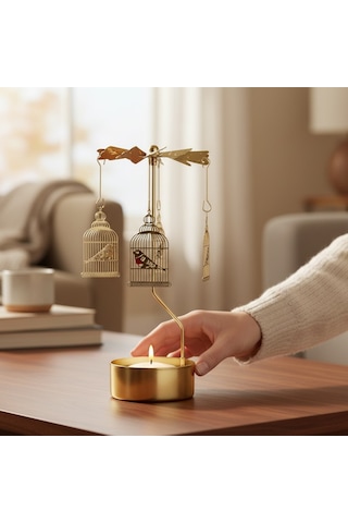 Altın Renkli Döner Kuş Kafesi Sarkaçlı Isı İle Dönen Dekoratif Mumluk Gold