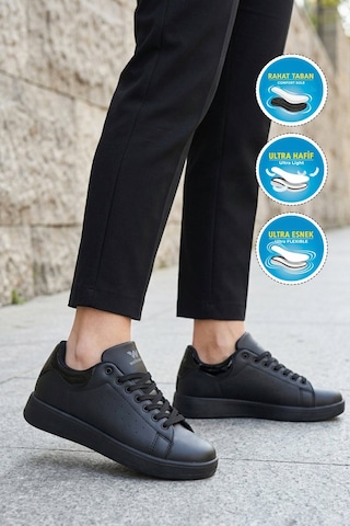 Walkway Siyah Bağcıklı Hafif Unisex Cilt Spor Ayakkabı Costa G