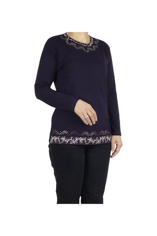 Kadın Yaka Ve Etek Desenli Taşlı Likralı Bluz-arpbattal2 Mor