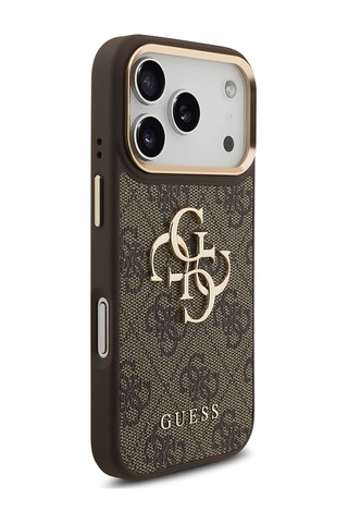 Apple iPhone Uyumlu 18 Pro Kılıf Guess Lisanslı Gold Çerçeve 4g Desenli Metal Büyük 4g Ve Yazı Logolu Kapak Kahve Kahverengi
