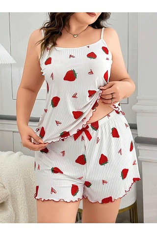 Senoramoda Büyük Beden Çilek Desen Pamuklu Şortlu Pijama Takımı Beyaz