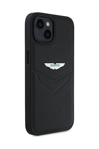 Apple Uyumlu iPhone 14 Kılıf Aston Martin Lisanslı Victory Dizayn Pu Deri Metal Logolu Kapak Siyah