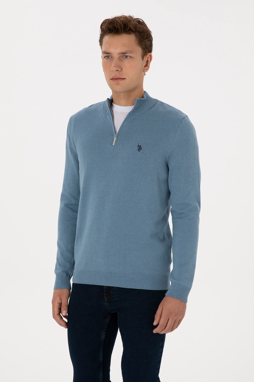 U.S. Polo Assn. Erkek Slim Fit Yarım Fermuarlı Mavi Basic Kazak 50313695-VR251