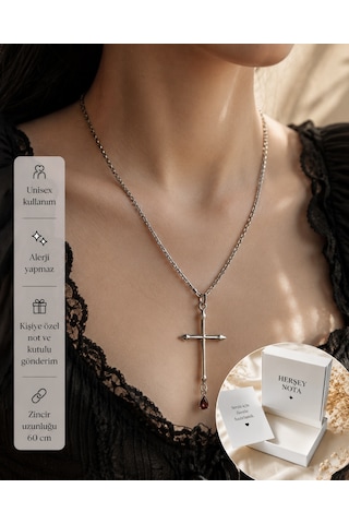 Gotik Kan Damlası Haç Kolye Unisex Alternatif Tarz Kırmızı Taş Detaylı Kolye Çok renkli