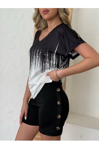 Ahes Shopping Kadın V Yaka Kısa Kol Kenarları Minik Yırtmaç Detaylı Dalgıç Bluz + Düğme Detaylı Dalgıç Şort Siyah