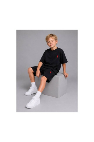 Hzr Wear Erkek Çocuk Premium Oversize Kalın Yumuşak Kumaş Kalp Nakışlı Şort Tişört Takım Siyah