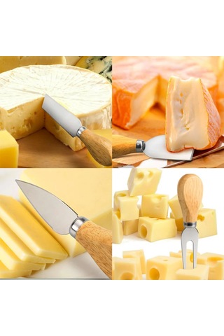 4 Parça Bambu Saplı Peynir Bıçak Çatal Spatula Seti, Sunum Seti