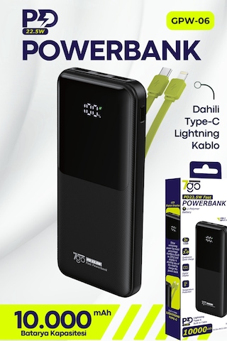 7go Gpw-06 10000mah Pd22.5w Hızlı Şarj Powerbank Siyah Dahili Type-c & Lightning Kablo Dijital E Siyah