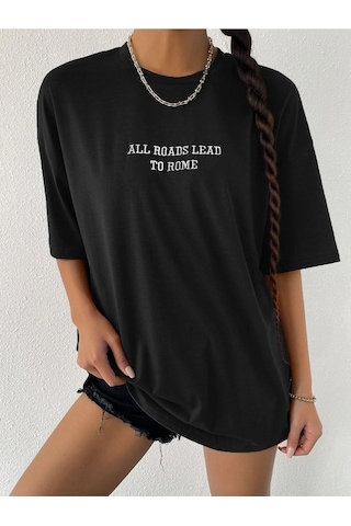 To Rome T-shirt - Siyah Baskılı Oversize Bisiklet Yaka Kısa Kol Tişört Siyah