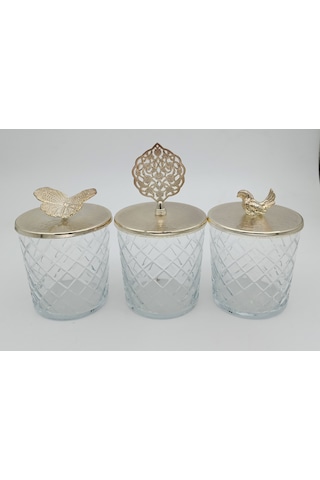 Fidex Home Cam Kapaklı Bardak Şekerlik-lokumluk 3 Lü Gümüş