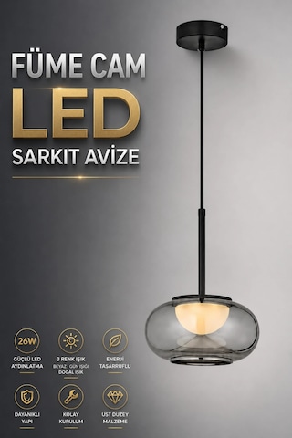 Modern Premium Tekli Füme Cam 3 Renkli Ledli Sarkıt Avizesi Salon Mutfak Şık Modelleri 26w Siyah