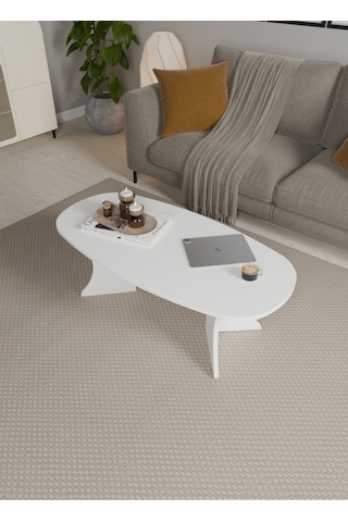 Oval Orta Sehpa Geniş Yüzeyli, Stabil Ayaklı Modern Salon Sehpası Beyaz
