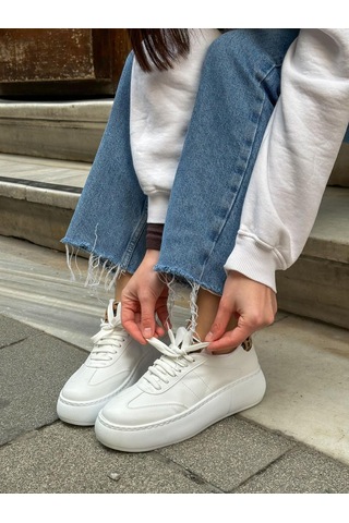 Erva'nın Butiği Beyaz Cilt Leoy Leopar Bağcıklı Kadın Sneakers-5724