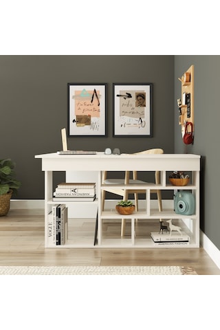 Robinhome Robin Home Boston Kitaplık Raflı Çalışma Masası Ofis Masası Beyaz