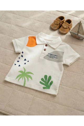 Tuffy Beyaz Erkek Bebek Mavi Baskılı Polo Yaka Tişört Rahat Kesim