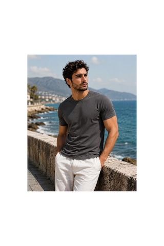 Luxıc Core Erkek Slim Fit Gri Bisiklet Yaka Pamuk Penye Günlük Rahat Basic Tişört