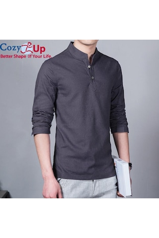 Rahat Up Polo Gömlek Erkekler Moda Uzun Kollu Mandarin Yaka Gömlek Erkek Rahat Keten Gömlek Adam Artı Beyaz Mavi