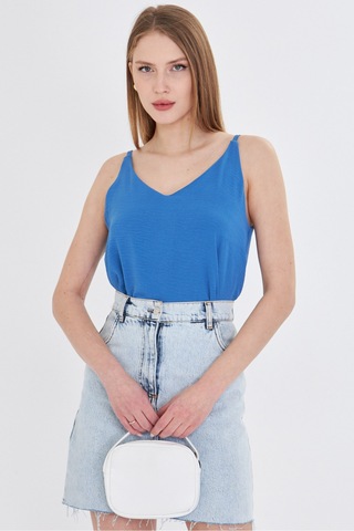 Armonika Kadın Mavi Keten Görünümlü Askılı Bluz Arm-24y001064