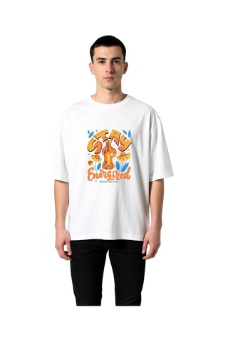 Paybuy Erkek Oversize Yoga Tişört Headstand Pose Baskılı Rahat Kesim Gün Beyaz