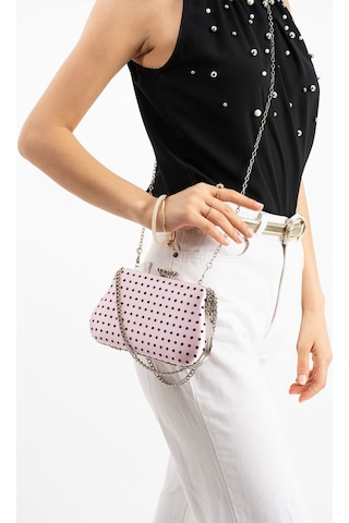 Lebibe Shoes Polkıa Pembe Saten Kumaş Puantiye Desenli Zincir Askılı Klips Kapamalı Clutch Çanta