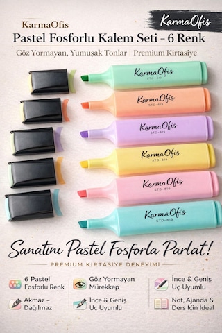 Pastel Fosforlu Kalem Seti 6 Renk Göz Yormayan Mürekkep Akmaz Dağılmaz Beyaz