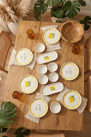 Vita Lemony 14 Parça 6 Kişilik Stackable Seramik Tabak Seti Premium Sunum & Kahvaltı Takımı Beyaz