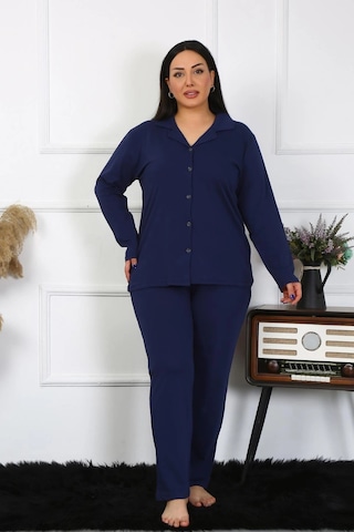 Lenaca Kadın Büyük Beden Pamuklu Cepli Düğmeli Lacivert Pijama Takım Lacivert
