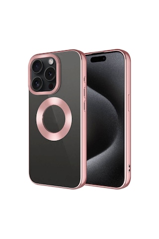 Apple Uyumlu iPhone 15 Pro Tek Kamera Çerçeveli Logo Gösteren Es Teknoloji Omega Kapak rose Gold