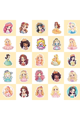 50 Çizgi Film Genç Prenses Çıkartması Çok Renkli