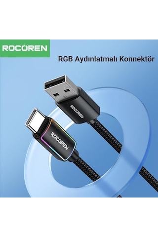 Type-c To Usb-a Rgb Aydınlatmalı 3a Hızlı Şarj Ve Data Kablosu 1 Metre
