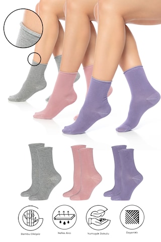 Bambu Kadın Lastiksiz Gri-pembe-lila Soket Dikişsiz Çorap 3'lü Çok Renkli
