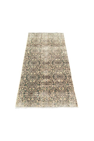 El Dokuma Eskitme %100 Yün Halı 100x192 Yeşil Krem Dekoratif Halı Yeşil