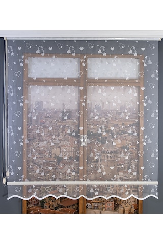 Kalp Desenli Çift Mekanizmalı Tül Stor Perde Beyaz