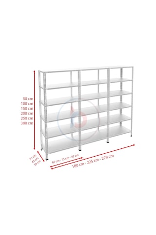Rafburada 6 Katlı 3'lü Galvaniz Çelik Raf - Depo, Arşiv, Kiler, Dosya, Market Rafı-43x93 cm-300 cm-0.70 mm