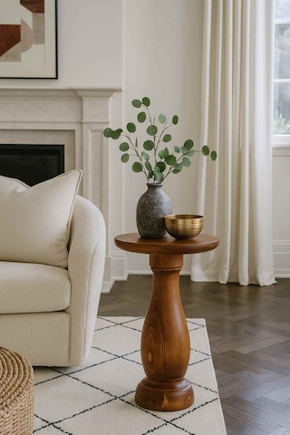 Tekli Doğal Masif Ahşap Yan Sehpa Meşe Renk Mantar Tasarım Meşe