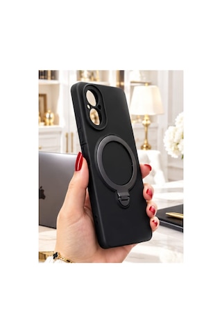 Realme C67 İle Uyumlu 360 Derece Dönebilen Kalın Metal Magsafe Halka Stantlı İçi Kadife Korumalı Ultra Lüx Premium Silikon Kılıf Siyah