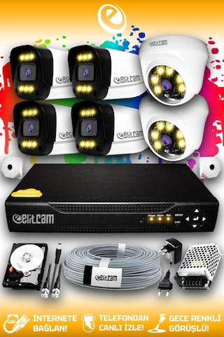 Elitcam 6 Kameralı Ultra 2 İç Kamera Set 2 TB 5 MP 2K Net Renkli Gece Görüşlü Güvenlik Kamerası Sistemi