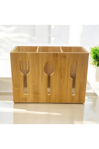 Bambu 3 Bölmeli Kaşıklık Tezgah Üstü Organizer Çatal Kaşık Bıçak