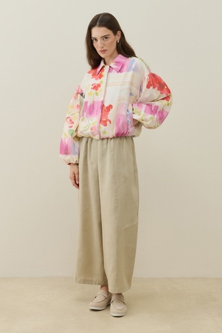 Molene Ekru Floral Tuval Desen Keten Bomber Ceket