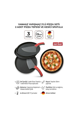 Yanmaz Yapışmaz Çelik 3 Lü Pizza Seti - 2 Adet 29 Cm Pizza Tepsisi Ve Kesici Spatula Dayanaklı Tava Siyah