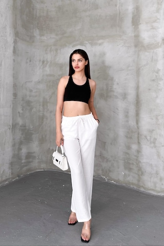 HLT Jeans Beyaz Kadın Bel Lastik Detaylı İnce Dökümlü Baggy Keten Pantolon Emily-3021 Beyaz
