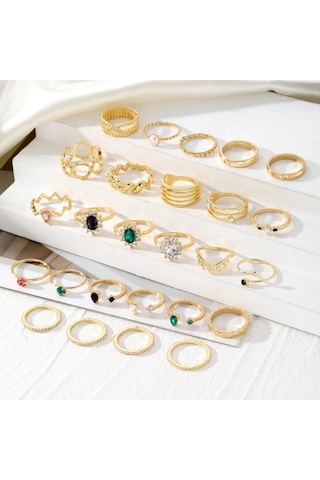 Girift Vintage Vanya Gold Çoklu Renkli Yüzük Seti Altın