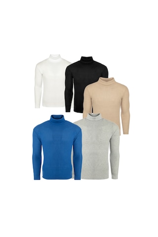 Ribac Boğazlı Balıkçı Triko Erkek Kazak 5'li Paket - Siyah - Beyaz - İndigo - Gri - Bej Çok Renkli