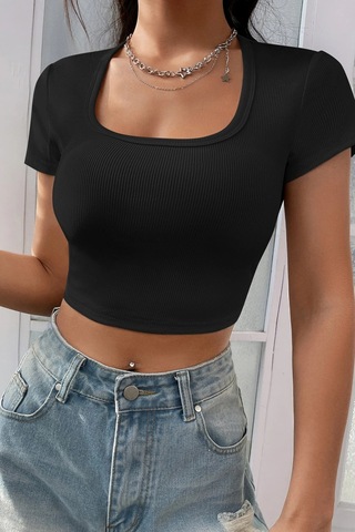 Cosmos E-ticaret Kadın Siyah Yarım Kol Düz Yaka Crop Top Bluz Çok Renkli
