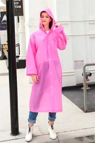 Unisex Kadın Ve Erkek Yağmurluk %100 Eva Çıtçıtlı Kapüşonlu Pembe