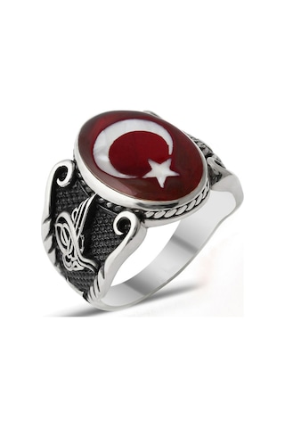 Gümüş Osmanlı Armalı Tuğralı Kırmızı Mineli Ay Yıldız Erkek Yüzük