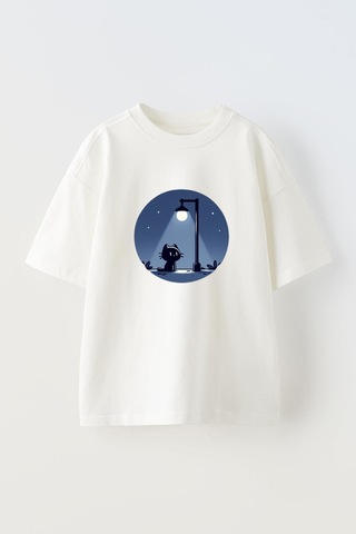Thewert Unisex Gece Kedisi Tasarım Baskılı Pamuk Beyaz Oversize T-shirt