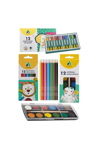 Öğrenci Okul Boyama Seti 3 Lü Adel 12 Renk Pastel Boya Kuru Boya Sulu Boya 12 Li Boya Set Kreş Seti