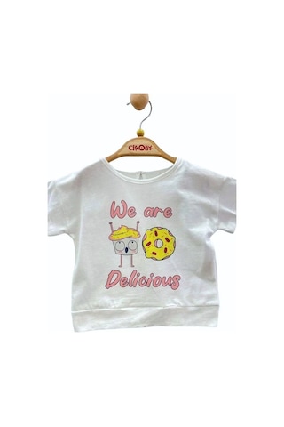 Çikoby Kız Bebek Pamuklu Donat Baskılı T-shirt-13895 Beyaz