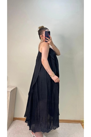 Elora Atelier Büzgülü Askılı Siyah Maxi Boy Elbise Çok Renkli